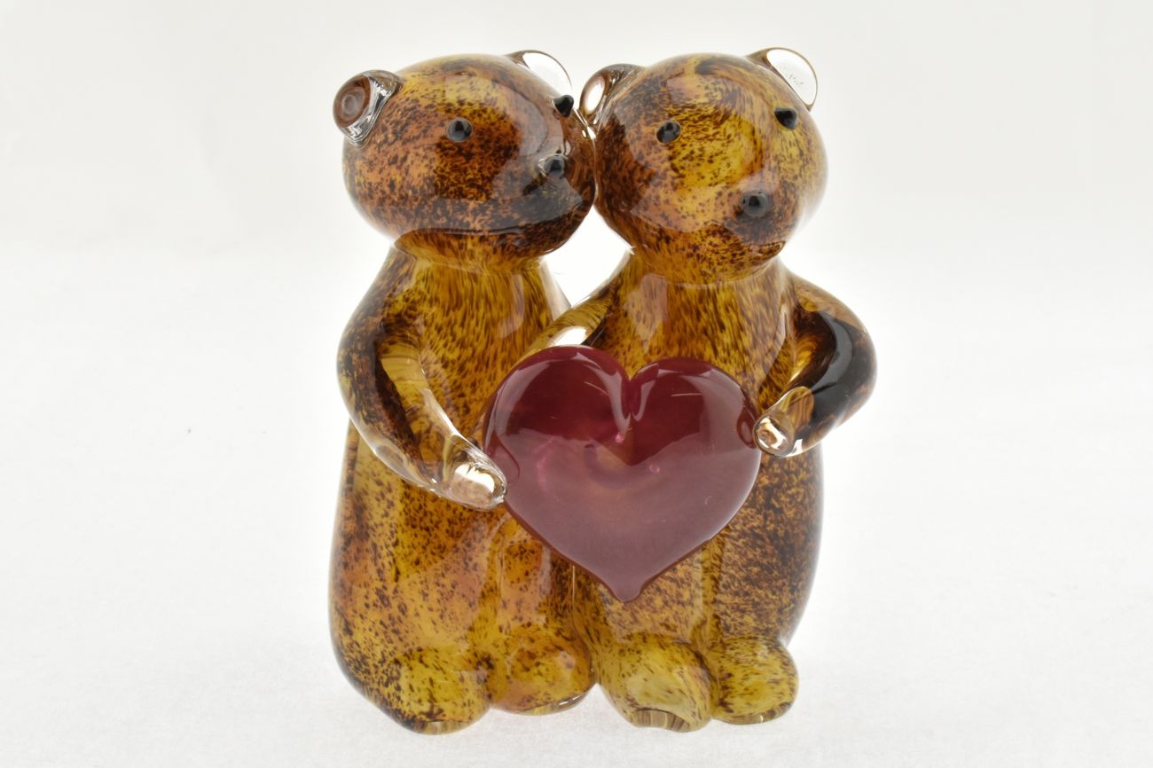 Art Glass Brown Bear couple with heart