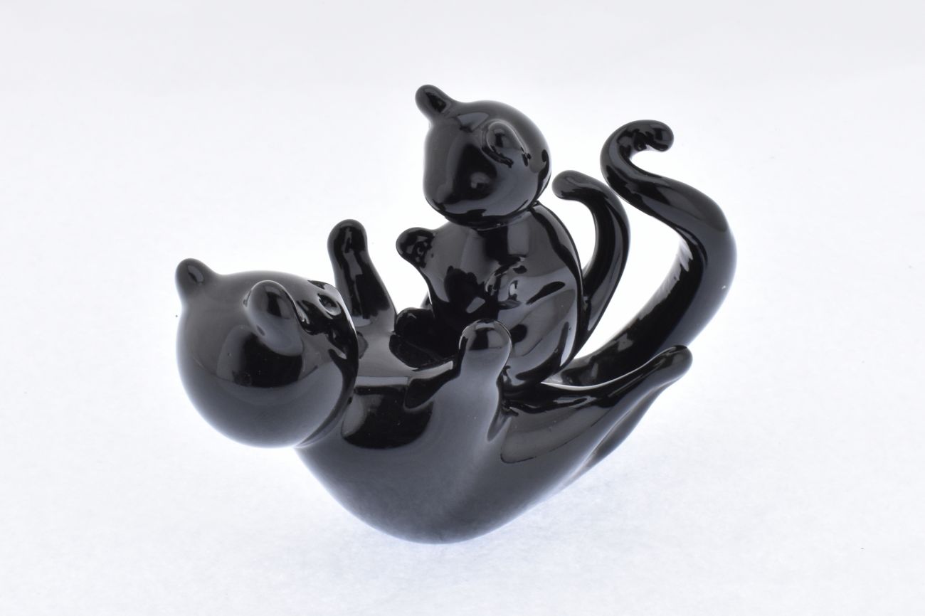 Art Glass Black Cat and Kitten Playing