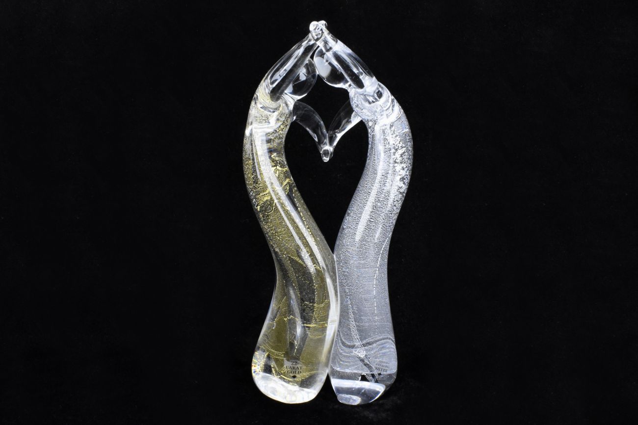 Art Glass Tall Love Heart Couple in Gold and Silver Leaf