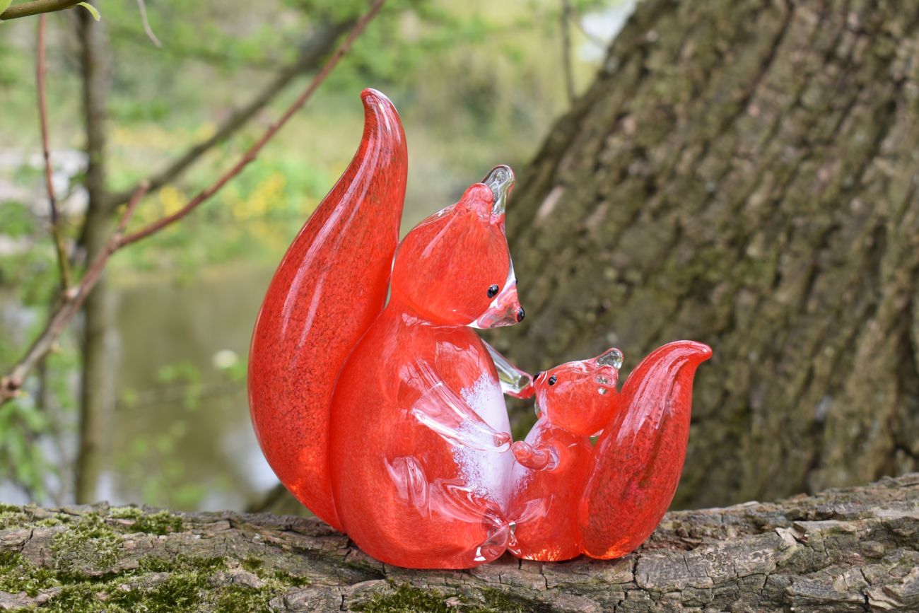 Art Glass Parent and Baby Red Squirrel