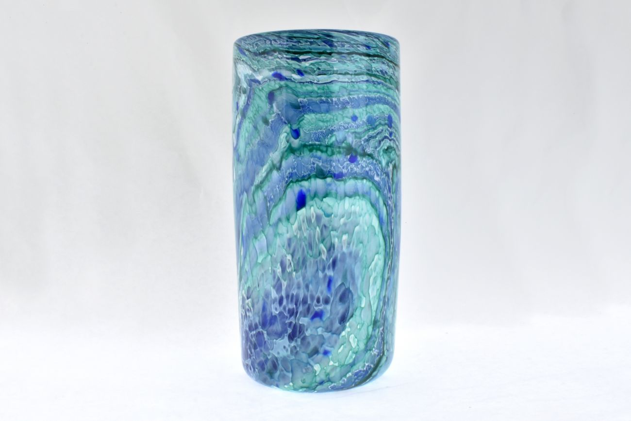 Art Glass Cylinder Ocean Vase in Greens
