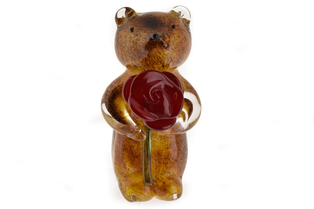 Art Glass Brown  Bear with Red Rose