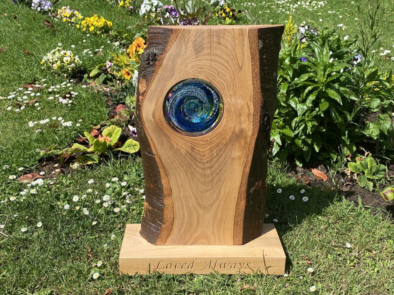 Remembrance Glass Disk with Encased Ashes held in Beech with Base