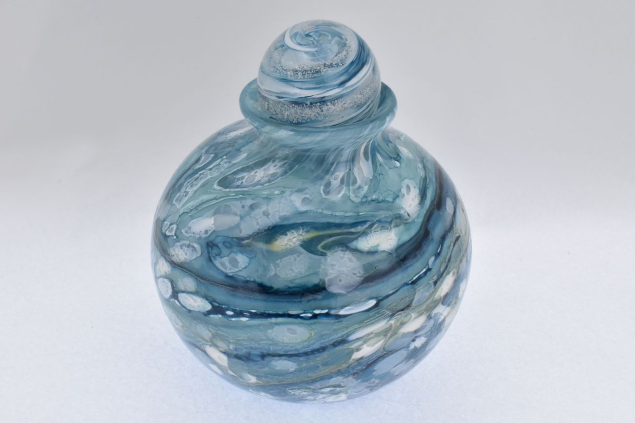 Remembrance Glass Urn with Ashes Encased Stopper - Mottled Aquas