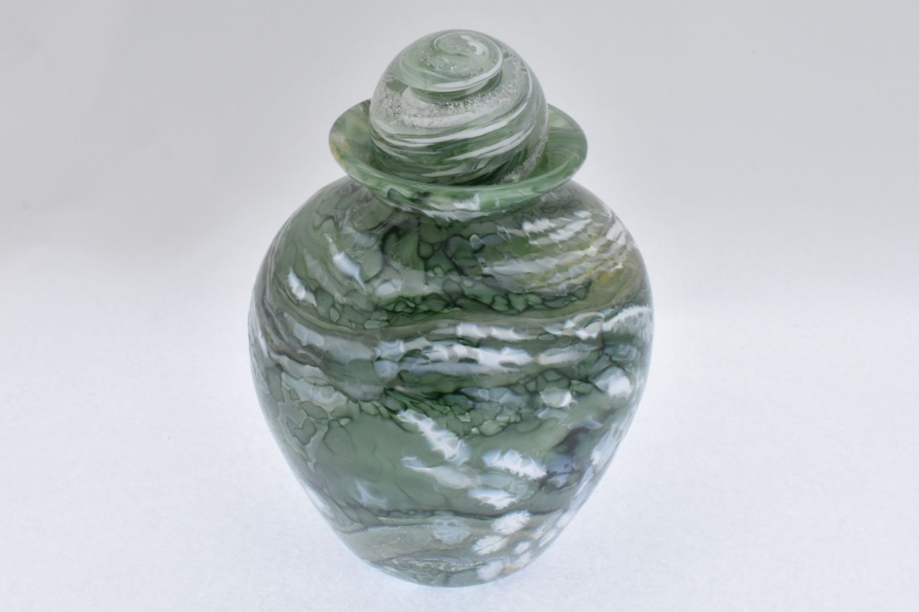 Remembrance Glass Urn with Ashes Encased Stopper - Mottled Green