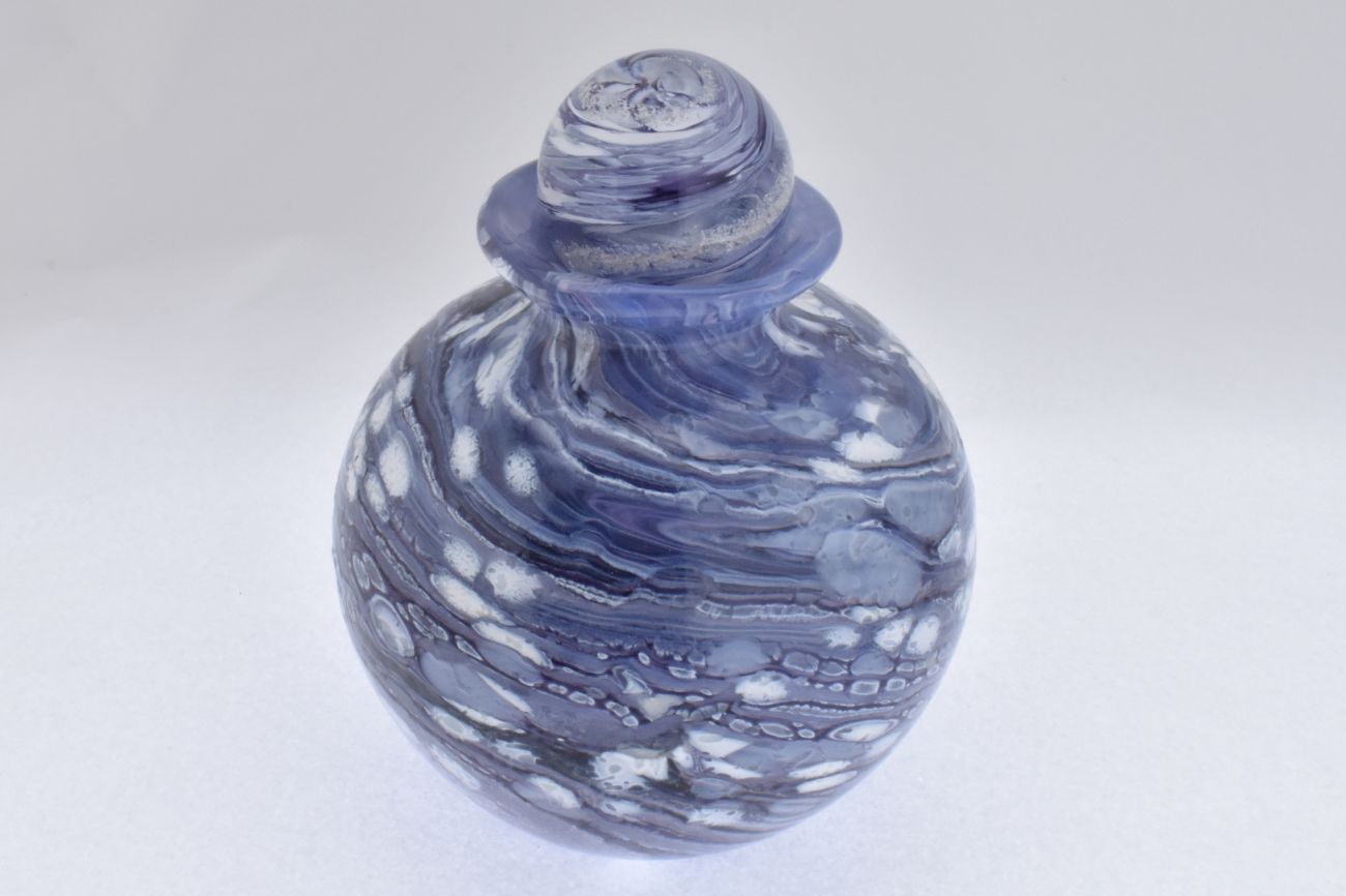Remembrance Glass Urn with Ashes Encased Stopper -  Mottled Purples