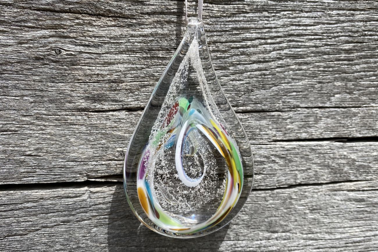 Remembrance Glass Teardrop with Encased Ashes with Ribbon