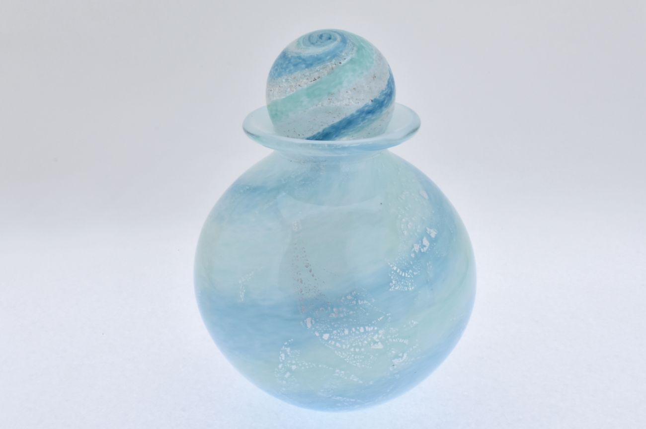 Remembrance Glass Urn with Encased Ashes Stopper in Soft Blues