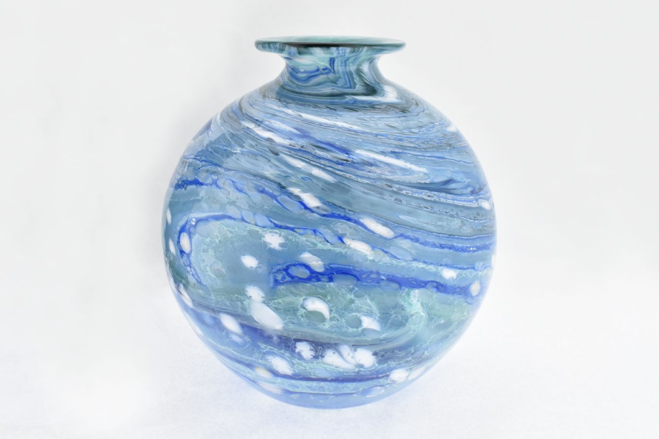 Studio art glass ocean amphora in mottled blues